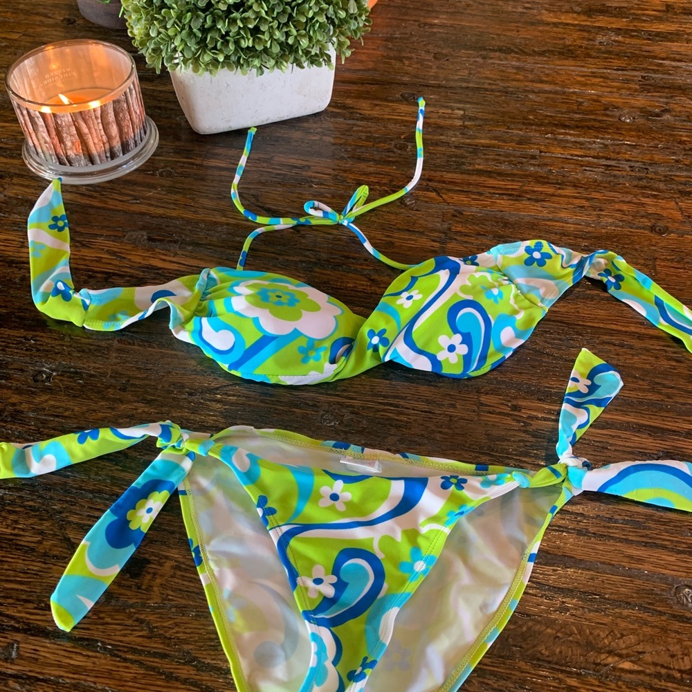 Groovy Hippy Hippie Swim Suit Bathing Bikini S Small Hearts Flower Floral Bright